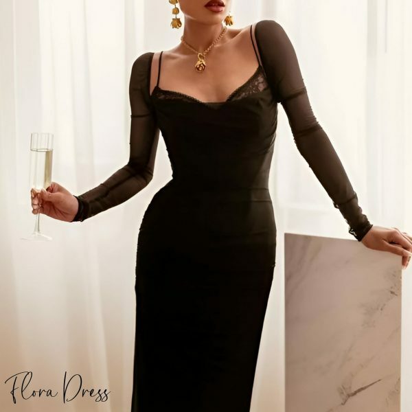 Black Tulle Long Sleeve Bodycon Dress - Elegant Y2K Evening Party & Cocktail Dress