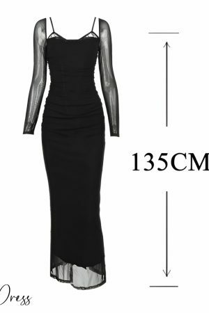 Black Tulle Long Sleeve Bodycon Dress - Elegant Y2K Evening Party & Cocktail Dress