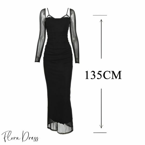 Black Tulle Long Sleeve Bodycon Dress - Elegant Y2K Evening Party & Cocktail Dress