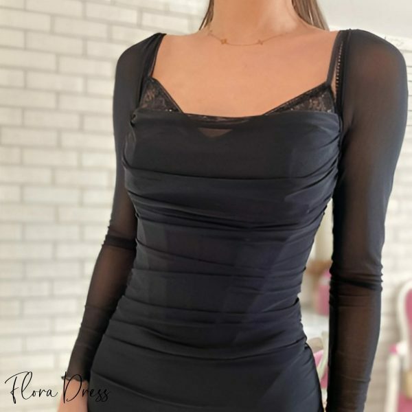 Black Tulle Long Sleeve Bodycon Dress - Elegant Y2K Evening Party & Cocktail Dress