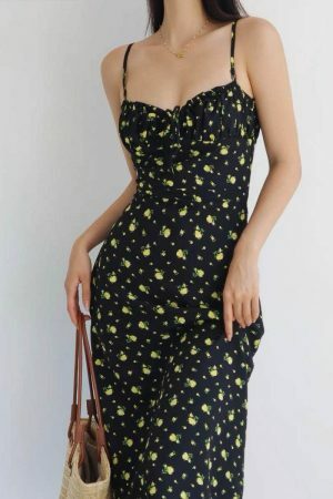 Black Yellow Floral Midi Strap Pretty Summer Dress Spring Flower Coquette Aesthetic Birthday Girl Women's Clothing