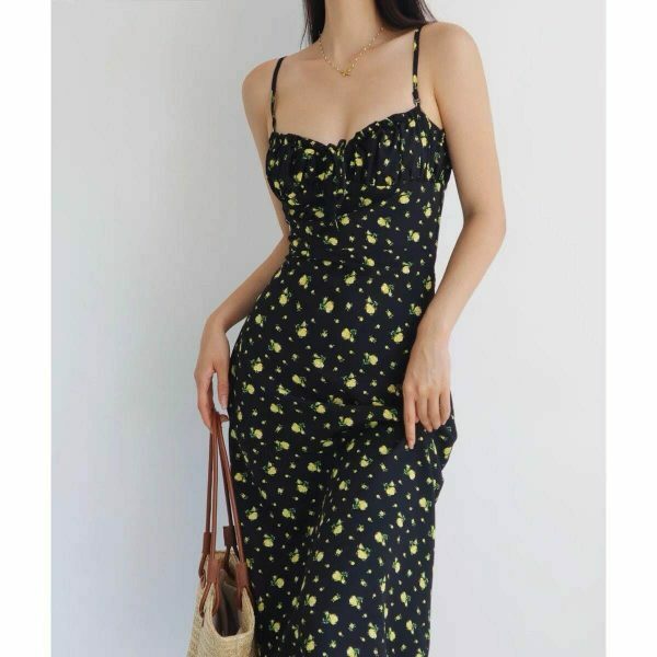 Black Yellow Floral Midi Strap Pretty Summer Dress Spring Flower Coquette Aesthetic Birthday Girl Women's Clothing