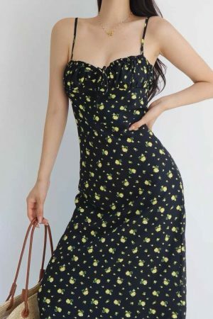 Black Yellow Floral Midi Strap Pretty Summer Dress Spring Flower Coquette Aesthetic Birthday Girl Women's Clothing