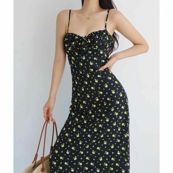 Black Yellow Floral Midi Strap Pretty Summer Dress Spring Flower Coquette Aesthetic Birthday Girl Women's Clothing