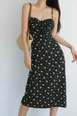 Black Yellow Floral Midi Strap Pretty Summer Dress Spring Flower Coquette Aesthetic Birthday Girl Women's Clothing