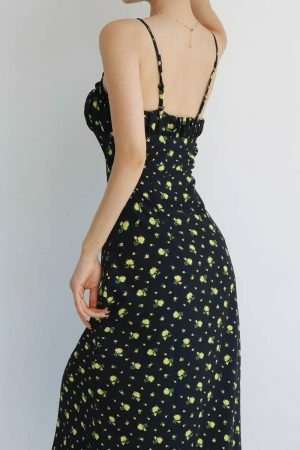 Black Yellow Floral Midi Strap Pretty Summer Dress Spring Flower Coquette Aesthetic Birthday Girl Women's Clothing