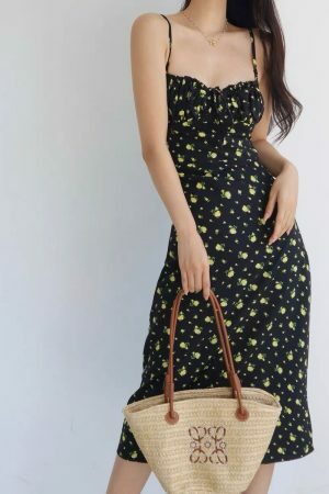 Black Yellow Floral Midi Strap Pretty Summer Dress Spring Flower Coquette Aesthetic Birthday Girl Women's Clothing