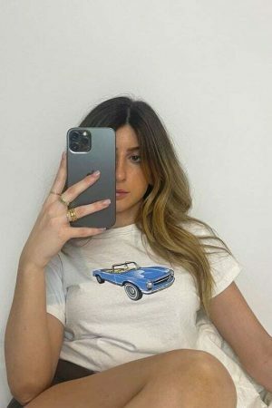 Blue Car Vintage Graphic Print Crop Tee | Women's Slim Fit Summer Top | Streetwear Y2K Fashion