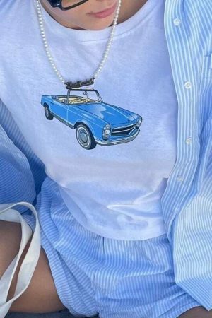 Blue Car Vintage Graphic Print Crop Tee | Women's Slim Fit Summer Top | Streetwear Y2K Fashion