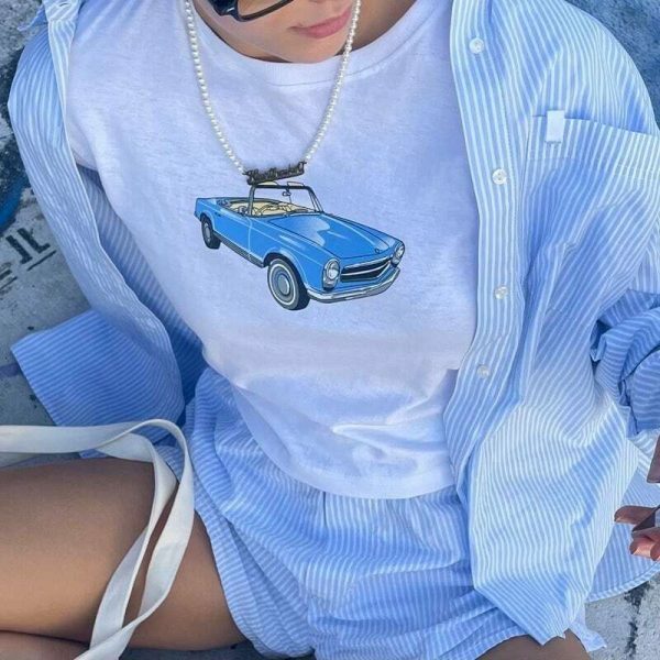 Blue Car Vintage Graphic Print Crop Tee | Women's Slim Fit Summer Top | Streetwear Y2K Fashion