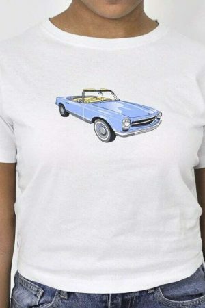 Blue Car Vintage Graphic Print Crop Tee | Women's Slim Fit Summer Top | Streetwear Y2K Fashion