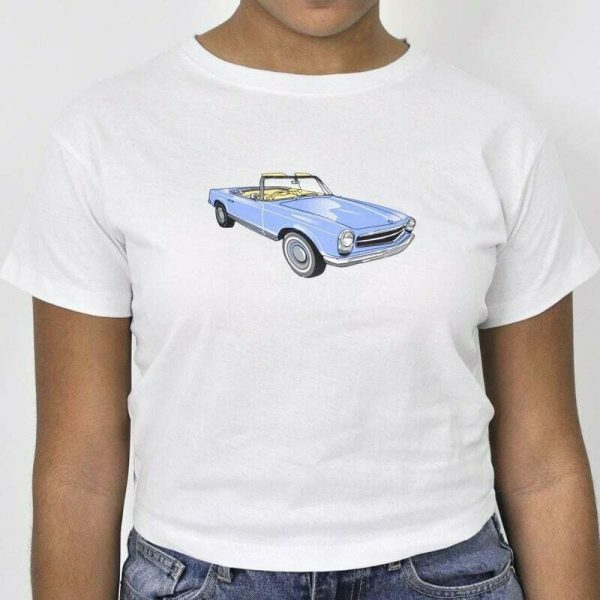 Blue Car Vintage Graphic Print Crop Tee | Women's Slim Fit Summer Top | Streetwear Y2K Fashion