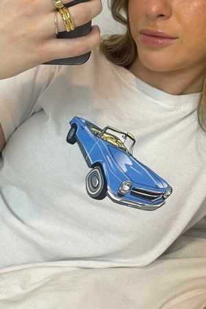 Blue Car Vintage Graphic Print Crop Tee | Women's Slim Fit Summer Top | Streetwear Y2K Fashion