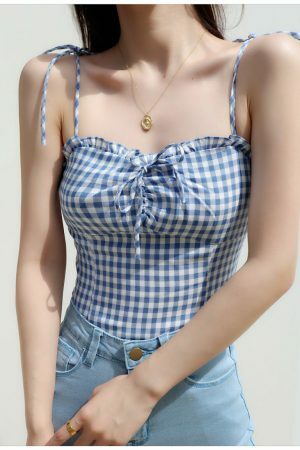 Blue Checked Strappy Cami Crop Top - Y2K Streetwear Aesthetic