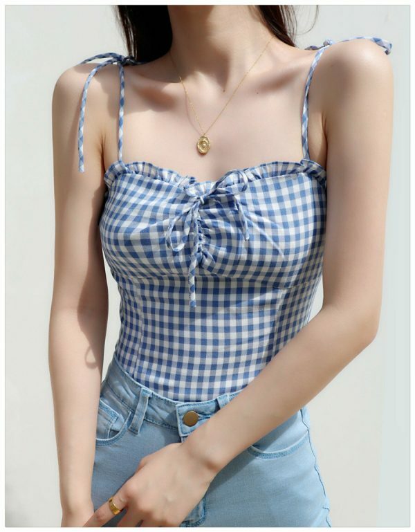 Blue Checked Strappy Cami Crop Top - Y2K Streetwear Aesthetic