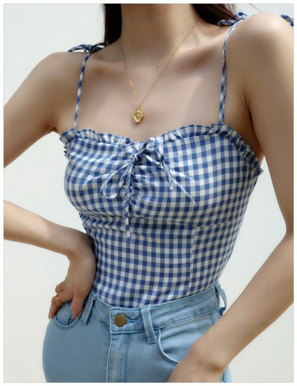 Blue Checked Strappy Cami Crop Top - Y2K Streetwear Aesthetic