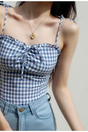 Blue Checked Strappy Cami Crop Top - Y2K Streetwear Aesthetic