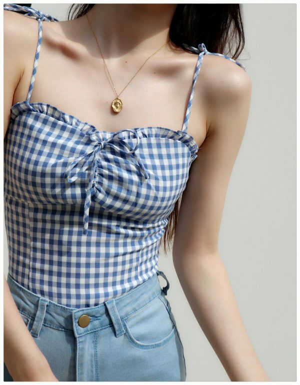 Blue Checked Strappy Cami Crop Top - Y2K Streetwear Aesthetic