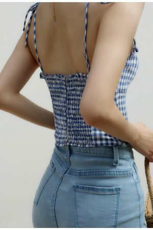 Blue Checked Strappy Cami Crop Top - Y2K Streetwear Aesthetic