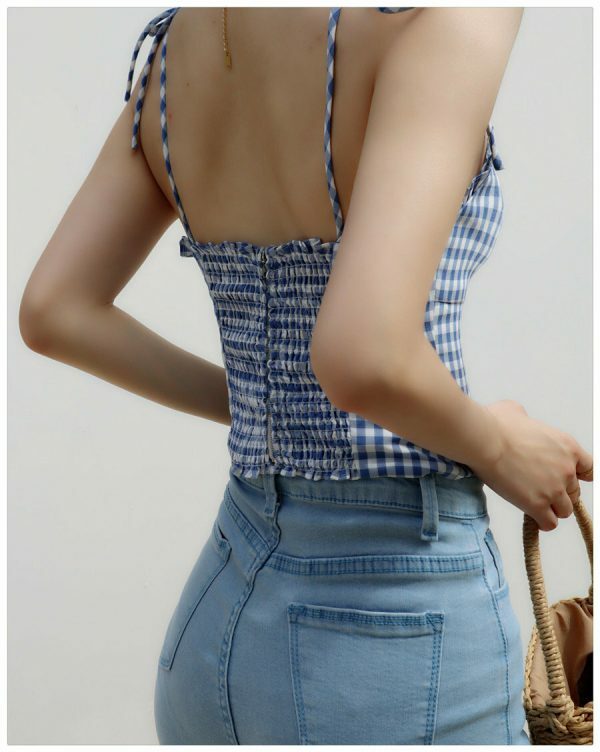 Blue Checked Strappy Cami Crop Top - Y2K Streetwear Aesthetic