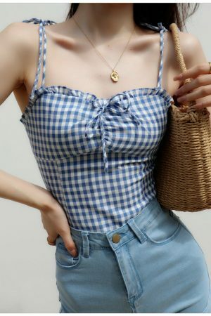 Blue Checked Strappy Cami Crop Top - Y2K Streetwear Aesthetic