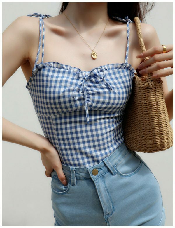 Blue Checked Strappy Cami Crop Top - Y2K Streetwear Aesthetic