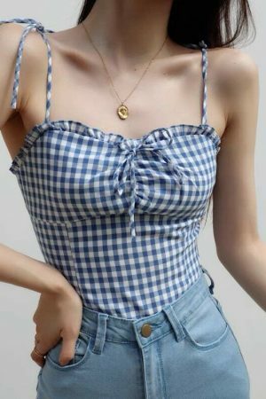 Blue Checked Strappy Cami Crop Top - Y2K Streetwear Aesthetic