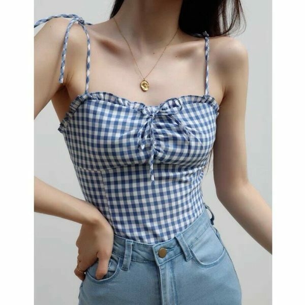 Blue Checked Strappy Cami Crop Top - Y2K Streetwear Aesthetic