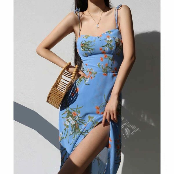 Blue Floral Midi Strap Dress with Orange Flowers - Y2K Streetwear Aesthetic