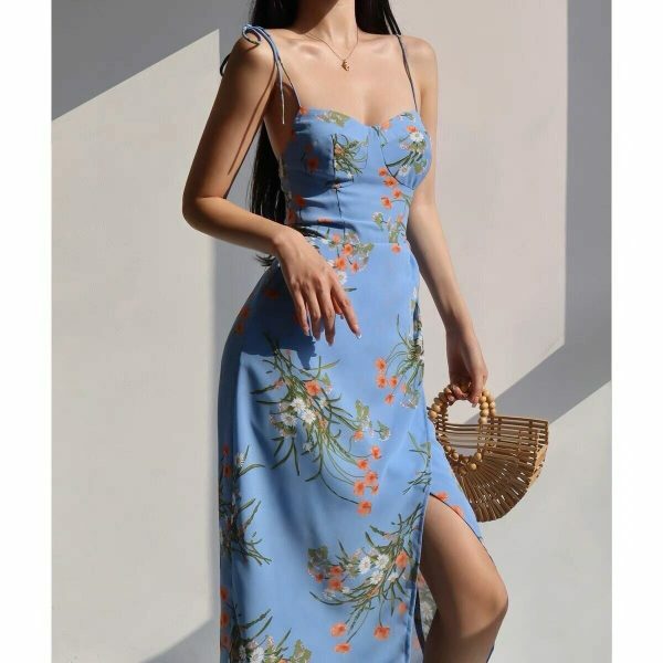 Blue Floral Midi Strap Dress with Orange Flowers - Y2K Streetwear Aesthetic