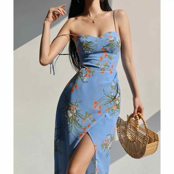 Blue Floral Midi Strap Dress with Orange Flowers - Y2K Streetwear Aesthetic