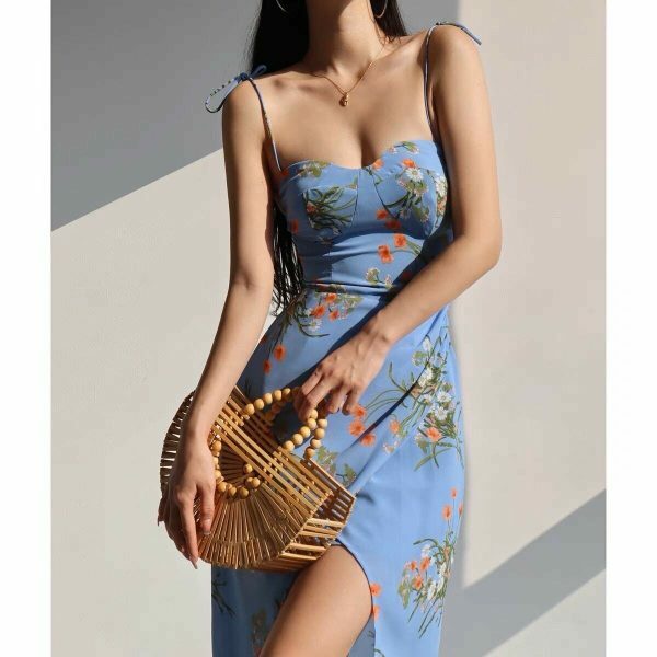 Blue Floral Midi Strap Dress with Orange Flowers - Y2K Streetwear Aesthetic