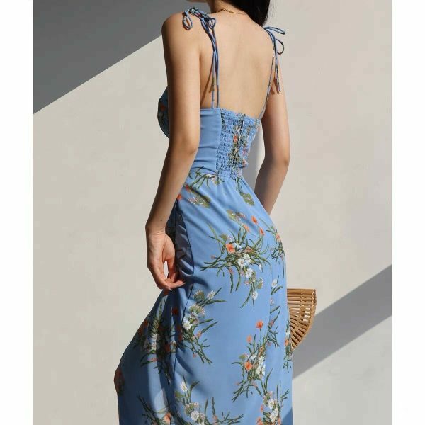 Blue Floral Midi Strap Dress with Orange Flowers - Y2K Streetwear Aesthetic