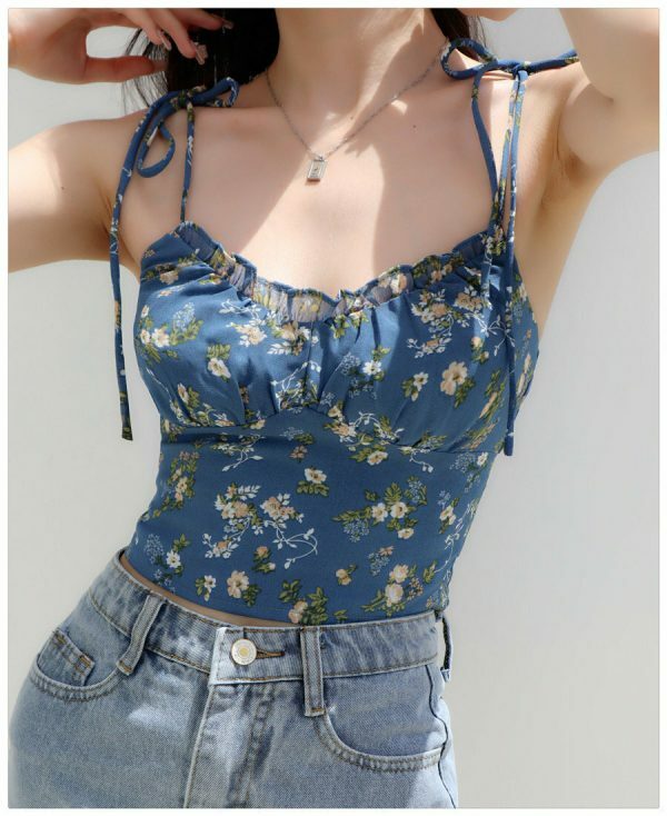 Blue Floral Strappy Cami Crop Top - Y2K Korean French Retro Summer Streetwear