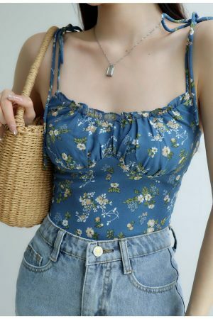 Blue Floral Strappy Cami Crop Top - Y2K Korean French Retro Summer Streetwear