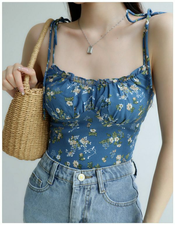 Blue Floral Strappy Cami Crop Top - Y2K Korean French Retro Summer Streetwear