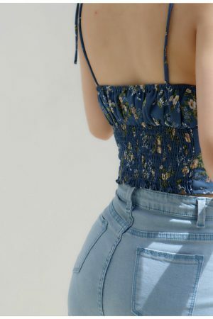 Blue Floral Strappy Cami Crop Top - Y2K Korean French Retro Summer Streetwear