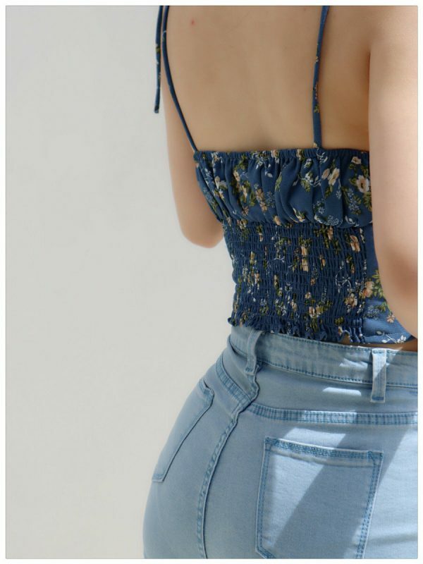 Blue Floral Strappy Cami Crop Top - Y2K Korean French Retro Summer Streetwear