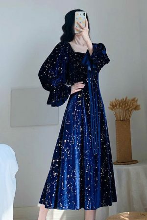 Blue Galaxy Celestial Star Fairy Midi Velvet Dress for Women