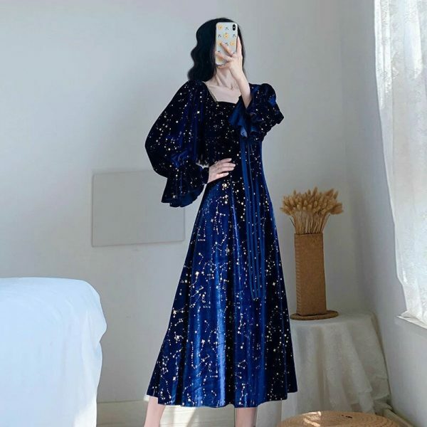 Blue Galaxy Celestial Star Fairy Midi Velvet Dress for Women