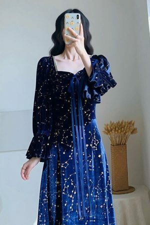 Blue Galaxy Celestial Star Fairy Midi Velvet Dress for Women