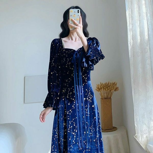 Blue Galaxy Celestial Star Fairy Midi Velvet Dress for Women