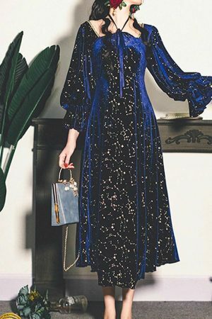 Blue Galaxy Celestial Star Fairy Midi Velvet Dress for Women