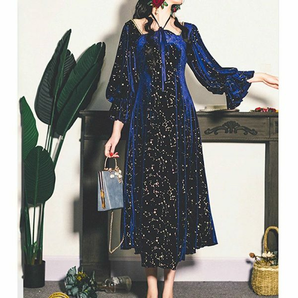 Blue Galaxy Celestial Star Fairy Midi Velvet Dress for Women