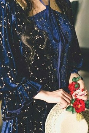 Blue Galaxy Celestial Star Fairy Midi Velvet Dress for Women