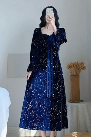 Blue Galaxy Celestial Star Fairy Midi Velvet Dress for Women