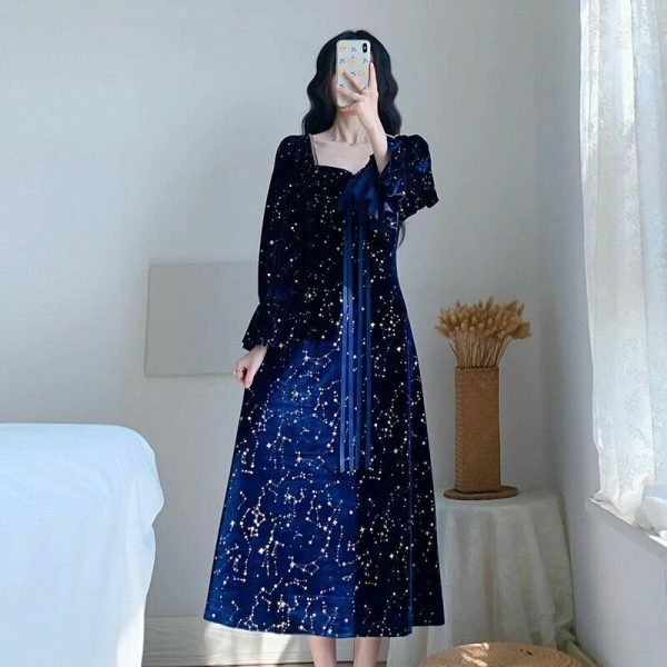 Blue Galaxy Celestial Star Fairy Midi Velvet Dress for Women