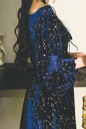 Blue Galaxy Celestial Star Fairy Midi Velvet Dress for Women