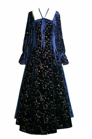 Blue Galaxy Celestial Star Fairy Midi Velvet Dress for Women