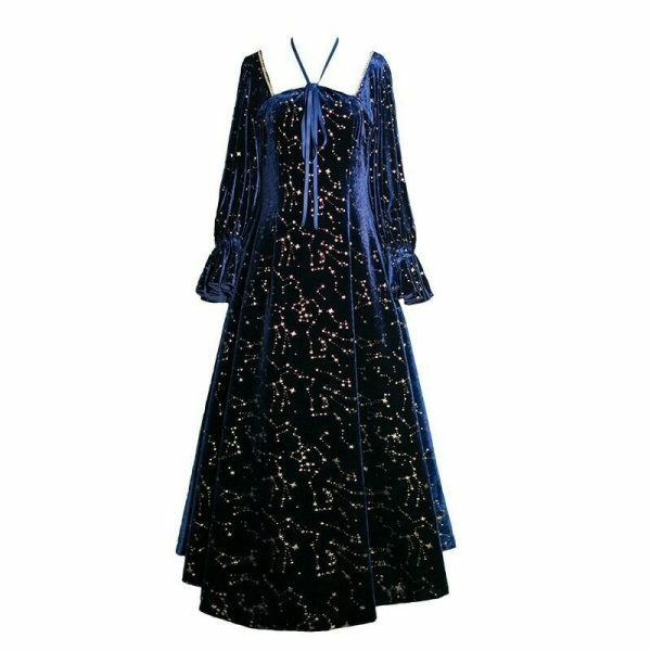 Blue Galaxy Celestial Star Fairy Midi Velvet Dress for Women